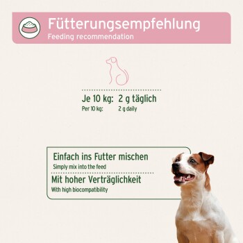 Tieretikett mit lächelndem Hund und Text: 'Fütterungsempfehlung / Feeding recommendation'; pro 10 kg: 2 g täglich; einfach ins Futter mischen.