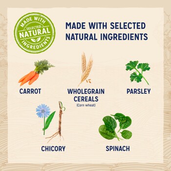 Image shows natural pet food ingredients: carrot, whole grains, parsley, chicory, and spinach, with a "Made with Selected Natural Ingredients" label.