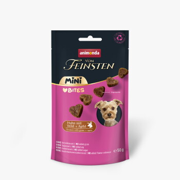 Beutel Animonda Vom Feinsten Mini Bites (pink/schwarz) mit herzförmigen Snacks, Bild eines kleinen Hundes und der Aufschrift 'Huhn mit Wild + Apfel / Chicken with game + apple'.