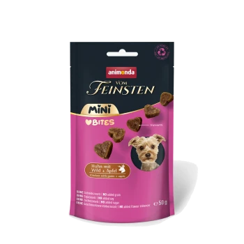 Beutel Animonda Vom Feinsten Mini Bites (pink/schwarz) mit herzförmigen Snacks, Bild eines kleinen Hundes und der Aufschrift 'Huhn mit Wild + Apfel / Chicken with game + apple'.