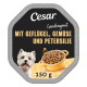 Cesar-Hundefutteretikett: weißer Hund, Schüssel mit Geflügel, Erbsen und Karotten; Text 'Mit Geflügel, Gemüse und Petersilie'; 150 g