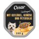 Cesar-Hundefutteretikett: weißer Hund, Schüssel mit Geflügel, Erbsen und Karotten; Text 'Mit Geflügel, Gemüse und Petersilie'; 150 g