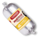 Silberne, wurstförmige Hundesnack-Verpackung mit Beschriftung "FLEISCHESLUST", "meat&treat", "KÄSEWURST" (Käsewurst) und teilweise sichtbarem Hundegesicht.