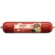 Rote Verpackung des "Fleischeslust Rindermenü" Rindermenüs für Haustiere, mit einer Fleischrolle und sichtbaren Zutaten wie Pastinake und Algen.