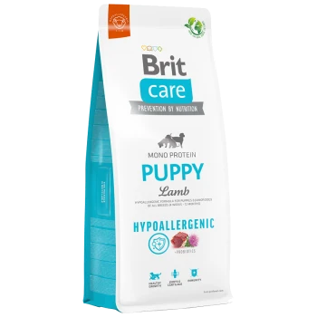 Tüte Brit Care Mono Protein Puppy Lamm Hundefutter, gekennzeichnet als hypoallergen mit Vorteilen für gesundes Wachstum, Gelenke und Immunität.