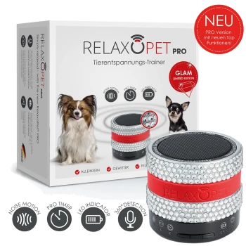 RelaxoPet Pro Haustierentspannungstrainer in einer limitierten Auflage mit einem funkelnden Design und Symbolen für Geräusch, Bewegung, Timer und 360°-Erkennung.