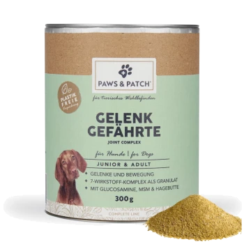 Dose von PAWS & PATCH 'GELENK GEFÄHRTE' Gelenkkomplex für Hunde (Junior & Adult) 300 g mit einem Haufen gelbem Pulver.