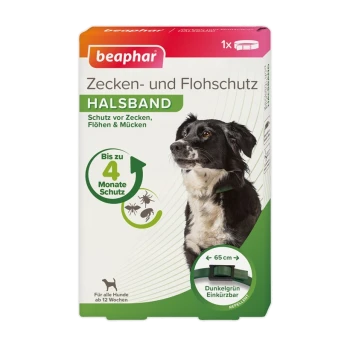 Beaphar Floh- und Zeckenhalsband für Hunde, mit einem schwarzen Hund. Schützt 4 Monate lang vor Schädlingen, verstellbar bis 65 cm.