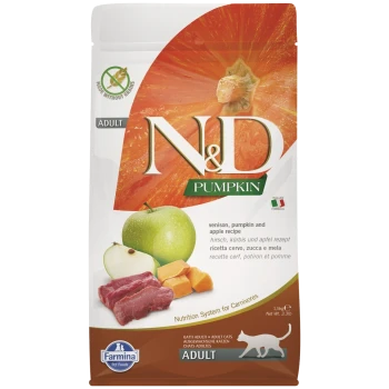Erwachsenen-Katzenfutterbeutel mit "N&D Pumpkin" mit Wild, Kürbis und Apfelrezept. Enthält Bilder von grünem Apfel, Kürbis und Fleisch.