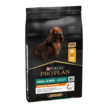 Purina Pro Plan Small & Mini Adult Hundefutterbeutel, mit einer hochproteinhaltigen Formel, bei der Huhn die Hauptzutat ist.