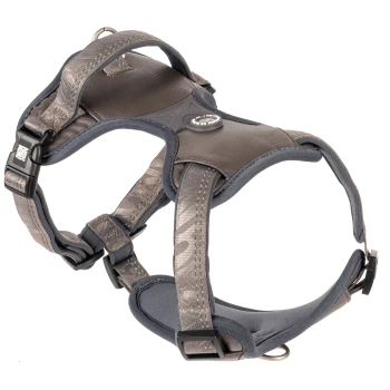 Grau-schwarzes gepolstertes Hundegeschirr mit verstellbaren Riemen und Metall-D-Ring, auf der Schnalle mit „Ruffwear“ beschriftet.
