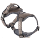 Grau-schwarzes gepolstertes Hundegeschirr mit verstellbaren Riemen und Metall-D-Ring, auf der Schnalle mit „Ruffwear“ beschriftet.