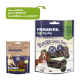 Deux emballages de friandises pour animaux : un sac marron étiqueté "Premiere. I love my dog. Bonies Grain Free" et un sac bleu avec une image de chien.