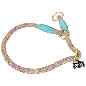 Colorful braided dog leash with a turquoise handle and gold hardware, featuring a tag that reads "AniOne Wild Variety."