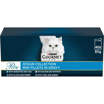 Purina Gourmet Perle Ocean Collection mini fillets in gravy, featuring a white cat on the packaging, includes flavors like tuna, shrimp, and salmon.
