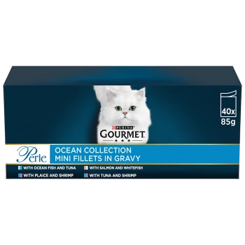 Purina Gourmet Perle Ocean Collection mini fillets in gravy, featuring a white cat on the packaging, includes flavors like tuna, shrimp, and salmon.
