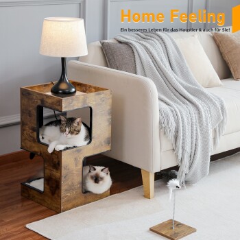 Ein stilvolles Möbelstück für Haustiere aus Holz mit einer Katze darin, mit einer Lampe oben, beschriftet 'Langlebige Tischplatte' und 'Wasserabweisend.'