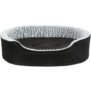 Schwarzes Haustierbett mit einem plüschigen grauen Innenraum und erhöhten Rändern, entworfen für Komfort und Unterstützung.
