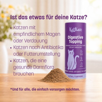 Lila KatKare-Dose mit Aufschrift „Digestive Topping“ und einem Pulverhaufen auf dem Tisch; deutsche Überschrift „Ist das etwas für deine Katze?“
