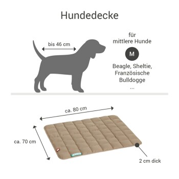 Größentabelle für Hundedecken, die Abmessungen, Beispielrassen und Rückenlängen für die Größen S bis XXL auflistet, von Doctor Bark.