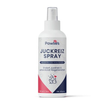 Pawlie's Juckreiz Sprayflasche, 150 ml, beschriftet mit "100% natürliche Inhaltsstoffe," behauptet, Juckreiz zu lindern und die Regeneration zu unterstützen.