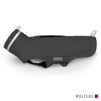 Schwarzer Wolters Hunderegenmantel mit reflektierenden Streifen und verstellbaren Kordelstoppern, entworfen für kleine bis mittelgroße Hunde.