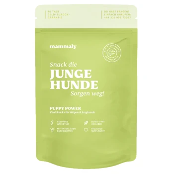 Puppy Power 110 g Zielone opakowanie dla przekąsek 'Puppy Power' od Mammaly, z tekstem w języku niemieckim o zdrowym wzroście i codziennych suplementach dla szczeniąt.