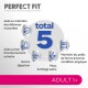 Image de nourriture pour animaux "Perfect Fit" mettant en avant cinq avantages : défenses naturelles, santé urinaire, digestion, peau/poil, et maintien du poids.