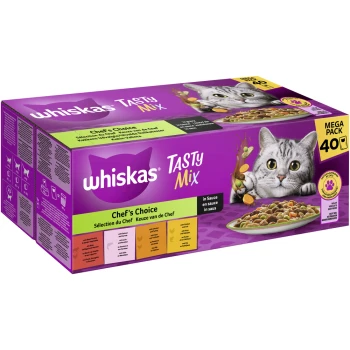 Whiskas Tasty Mix Mega Pack mit einer verspielten grauen Katze, die nach Futter greift, mit 40 Portionen Chef's Choice in Sauce.