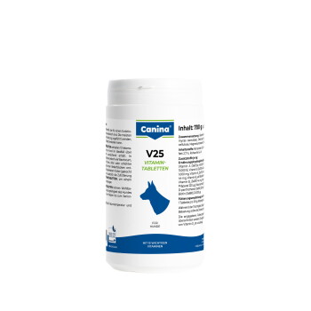 Weißer Canina V25 Behälter mit Vitamin-Tabletten für Hunde mit blauer Hundesilhouette; Aufschrift: V25 VITAMIN-TABLETTEN, 700 g.