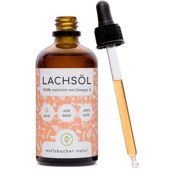 Flasche Lachöl (Lachsöl) mit Tropfer, beschriftet mit "100% natürlich mit Omega 3" für Katzen aller Rassen und Altersgruppen, von Wolfsbacher Natur.