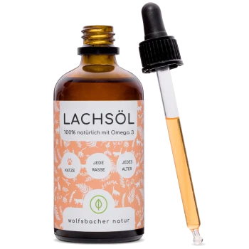 Flasche Lachöl (Lachsöl) mit Tropfer, beschriftet mit "100% natürlich mit Omega 3" für Katzen aller Rassen und Altersgruppen, von Wolfsbacher Natur.