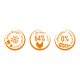 Drei orangefarbene Futter-Icons: 'defrost & enjoy' mit Schneeflocke, '64% chicken' mit Hühnersilhouette, '0% added grains' mit Weizensymbol.