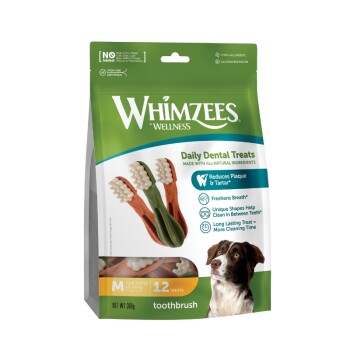 Sachet Whimzees Wellness Daily Dental Treats avec friandises en forme de brosse à dents, 12 friandises, 'Réduit la plaque et le tartre'.