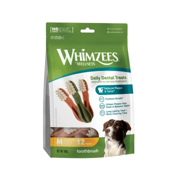 Sachet Whimzees Wellness Daily Dental Treats avec friandises en forme de brosse à dents, 12 friandises, 'Réduit la plaque et le tartre'.