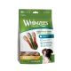 Whimzees Wellness Daily Dental Treats Tüte mit zahnbürstenförmigen Kausticks, 12 Stück, 'Reduziert Plaque & Zahnstein'.