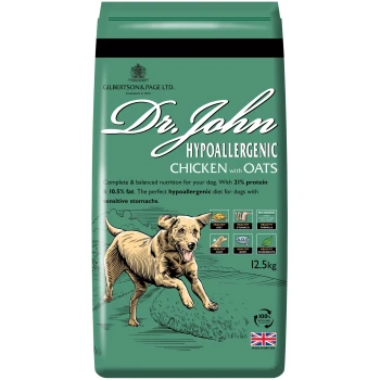 Hunde-Futterbeutel mit "Dr. John Hypoallergenic Chicken with Oats", der 21% Protein, 10,5% Fett und Vorteile für empfindliche Mägen hervorhebt.