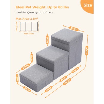 Graue Haustiertreppe mit drei Stufen, mit beschrifteten Abmessungen, geeignet für Haustiere bis zu 80 lbs, ideal für ein Haustier.