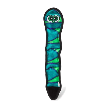Ein buntes Plüschspielzeug für Haustiere in Form eines Wurms, mit leuchtend blauen und grünen Mustern, großen cartoonhaften Augen und einem schwarzen Rand.