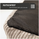 Eine Nahaufnahme eines Haustierbettes mit einem strukturierten beigen Stoff und einer schwarzen rutschfesten Unterseite, mit der Aufschrift "RUTSCHFEST" und Produktdetails.