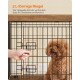 Eine Hand sichert zwei L-förmige Schlösser an einer schwarzen Haustierbox, während ein flauschiger brauner Hund herausblickt. Der Text oben lautet "2 L-förmige Riegel."