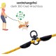 Eine Frau hält eine gelb-schwarze geflochtene Hundeleine mit einem 360-Grad-Drehgelenk, neben zwei Cartoon-Hunden. Text: "drehungsfrei mit 360-Connector."