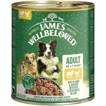 Dose James Wellbeloved Erwachsenen-Hundefutter, reich an Lamm & Huhn mit Reis & Gemüse, hypoallergen, recycelbare Verpackung.