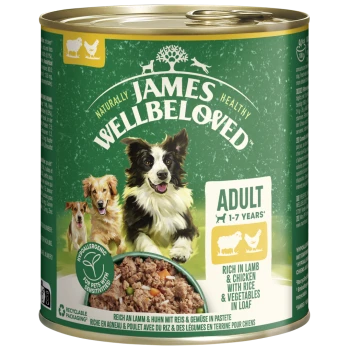 Dose James Wellbeloved Erwachsenen-Hundefutter, reich an Lamm & Huhn mit Reis & Gemüse, hypoallergen, recycelbare Verpackung.