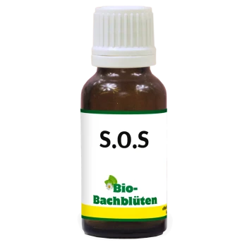 Braune Glasflasche mit der Aufschrift "S.O.S" und einem weißen Deckel, mit dem Text "Bio-Bachblüten" und einer kleinen Blumen-Grafik.