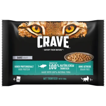 Packung CRAVE Katzenfutter mit Thunfisch in Soße, mit einer Schüssel Futter präsentiert. Text hebt hervor: "Hoher Proteingehalt", "100% natürlicher Thunfisch", "Getreidefrei."