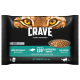 Packung CRAVE Katzenfutter mit Thunfisch in Soße, mit einer Schüssel Futter präsentiert. Text hebt hervor: "Hoher Proteingehalt", "100% natürlicher Thunfisch", "Getreidefrei."