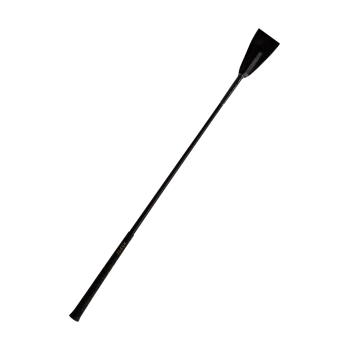 Ein eleganter schwarzer Reitstock mit einer spitzen Enden und einem strukturierten Griff, ideal für den Reitsport.