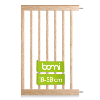 Holzhaustierzaun mit vertikalen Latten, mit einem grünen Etikett, das "bomi" und "10-50 cm" für die verstellbare Höhe liest.
