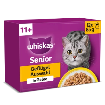 Violette Whiskas Senior-Packung mit graugestreifter Katze, Aufschriften „11+“, „Senior“, „Geflügelauswahl“, „in Gelee“, 12×85 g.
